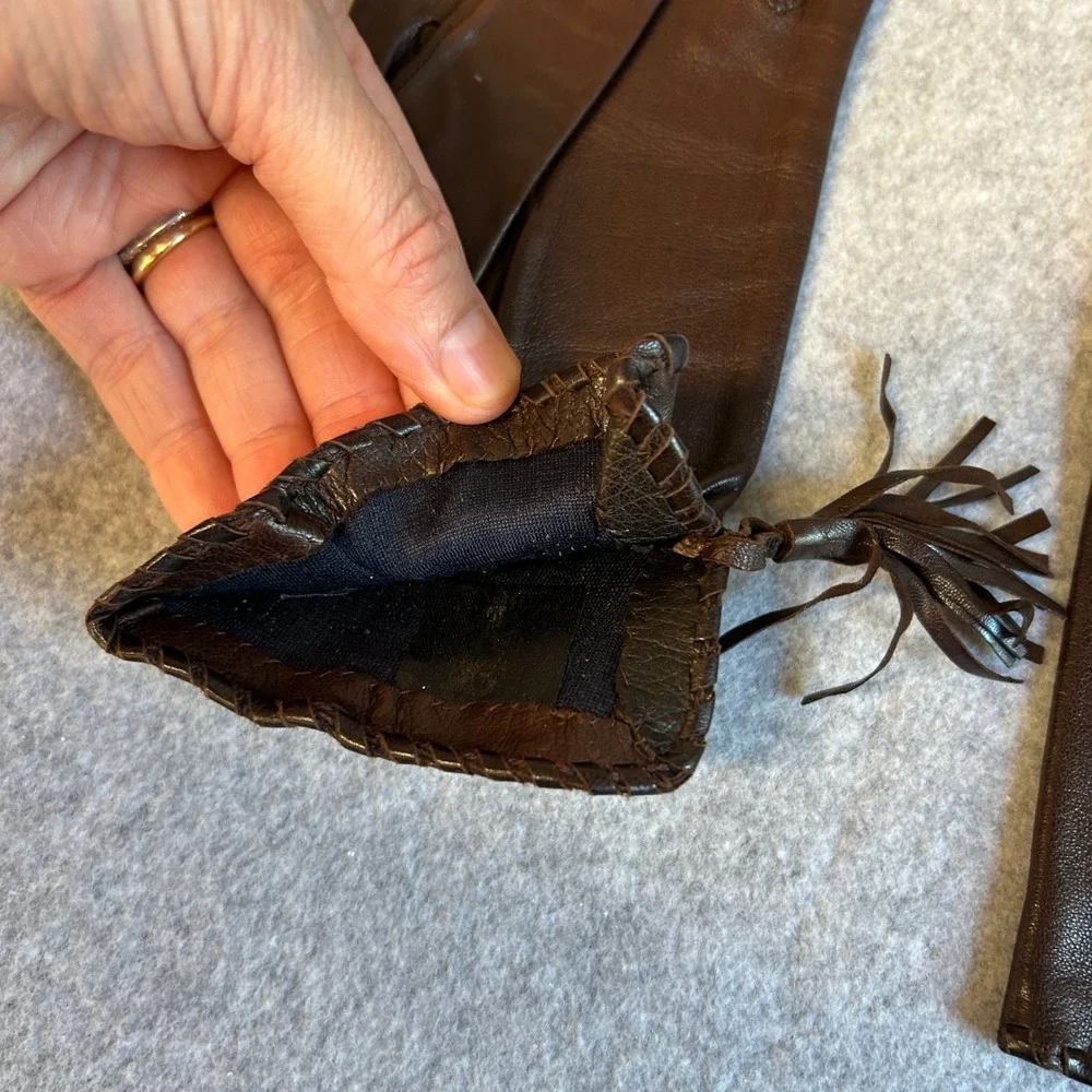Philip Treacy London Leather Tassel Gloves Brown Silk Lined Embroidered Size 7